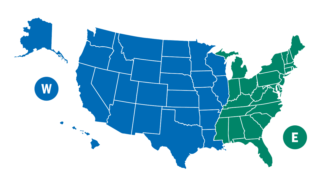 U.S. map showing states in the TRICARE East Region and states in the TRICARE West Region